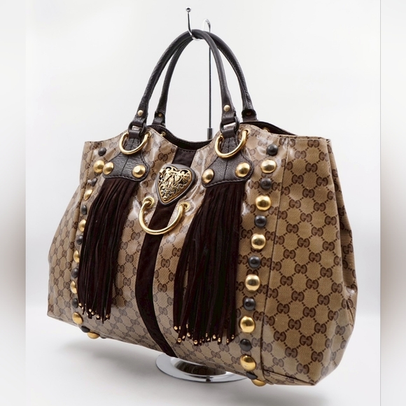 CE16 💖 GUCCI GG Crystal Canvas Babouska Heart Stud Fringe Tote Bag - Picture 3 of 13